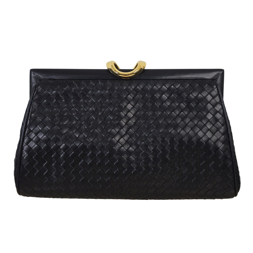 Leather School Florence Italy Woven Intrecciato Black Leather Clutch Bag Gold